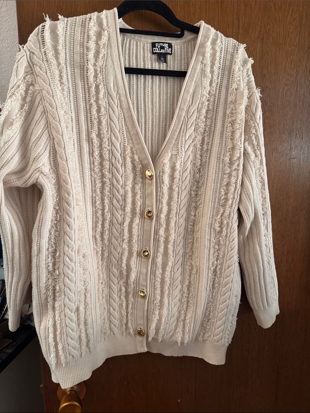 Future Collective Cream Textured Button-Front Cardigan
